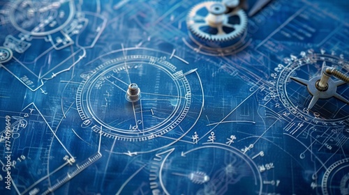 Complex blueprint design with visible gears and cogs in technical drawing style, detailing mechanics. © pprothien