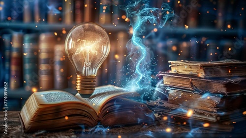 Conceptual image of an illuminated lightbulb with electric blue energy and books symbolizing knowledge.