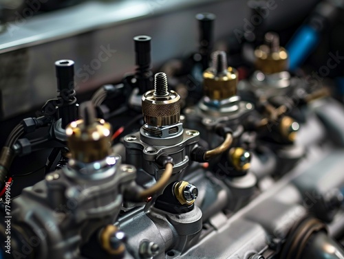 Close-up of precision engine parts showcasing valves and mechanisms in a high-performance vehicle.