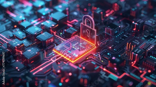 Futuristic encryption technology securing digital data, vibrant 3D render