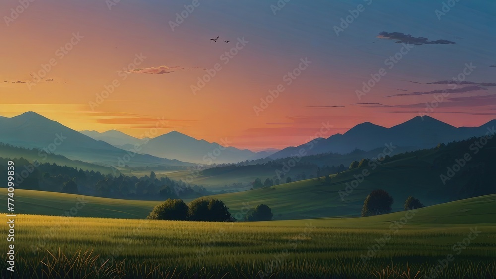a sunset view of a green valley with mountains in the background