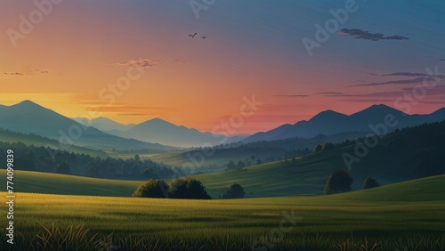 a sunset view of a green valley with mountains in the background