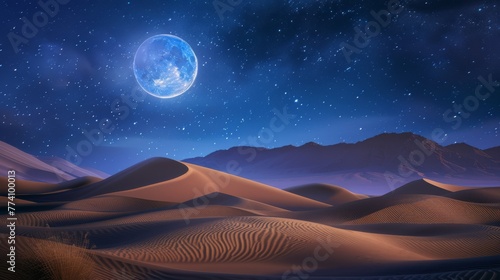 Desert landscape at night with a full moon illuminating sand dunes and starry sky.