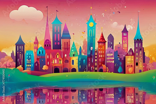 Dive into a vibrant cityscape merging with a whimsical fairytale land in a colorful gradient background.