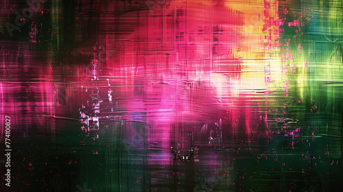 Obra de arte abstracta con efecto de error digital de pantalla glitch VHS, con colores verde y morado.