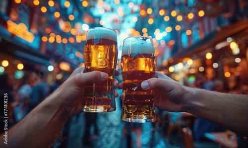 Two hands toasting with beer