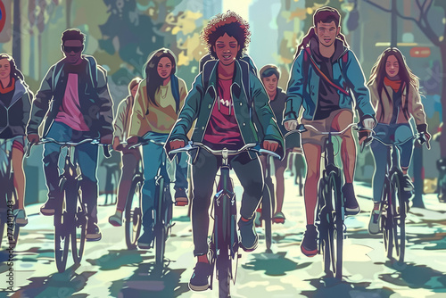 Grupo de jóvenes tomando un paseo en bicicleta por la ciudad
