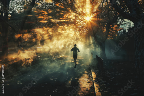 Hombre corriendo en un parque durante la mañana, estilo de vida saludable