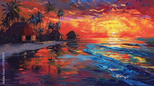 A colorful and picturesque painting of a tropical beach at sunset with palm trees and huts.