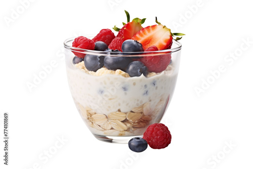 Overnight Oats meal with chia seeds and mixed berries in jar glasses isolated on transparent background, for healthy food concept.