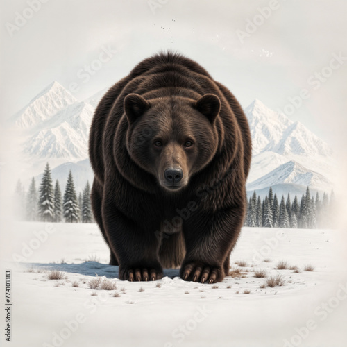 A massive brown bear is walking steadily across a field blanketed in snow, showcasing its strength and agility in the winter landscape