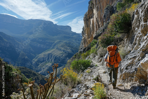 Hombre practicando senderismo en la montaña en un día soleado