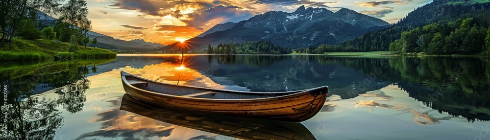 A tranquil scene of a solitary wooden canoe on a mirror-like lake with a breathtaking mountain sunset backdrop.