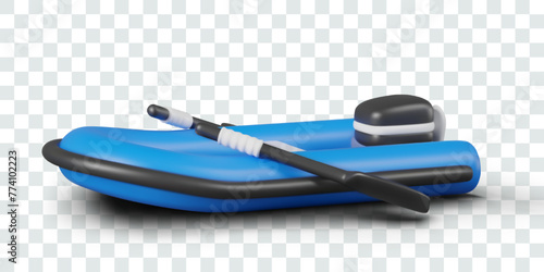 Blue motorized inflatable boat with oars. Water vehicle, side view. Realistic isolated illustration