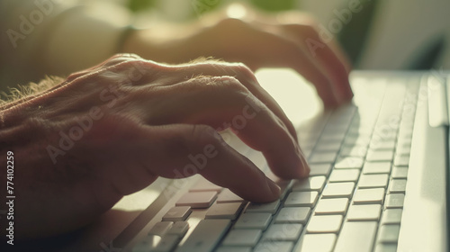 Close up of hands typing on a computer keyboard, focusing on the fingers and keys. The background is blurred with sunlight filtering through a window, photo