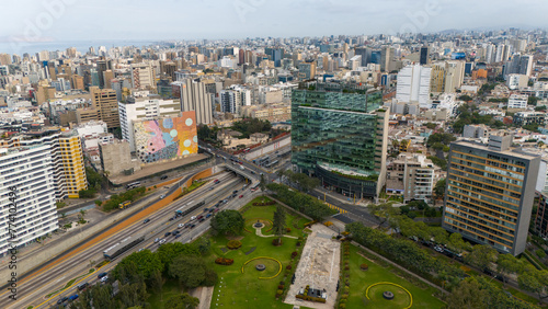 Aerial Drone view of Lima the capital city of Peru skyline  Mireflores Barranco morning traffic south america
