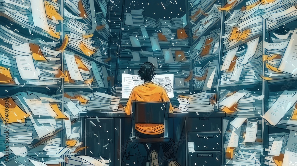 Sketch A person sitting at a desk, surrounded by towering stacks of papers, folders, and documents
