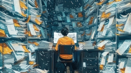 Sketch A person sitting at a desk, surrounded by towering stacks of papers, folders, and documents 