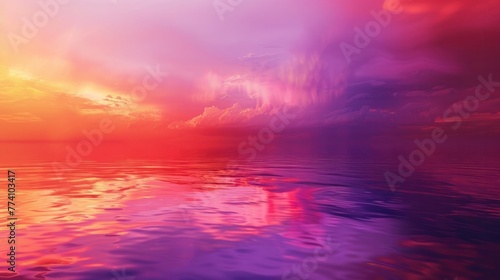 Vibrant pink and purple sunset reflecting on calm water, creating a serene and picturesque scene of natural beauty and tranquility. © kittikunfoto