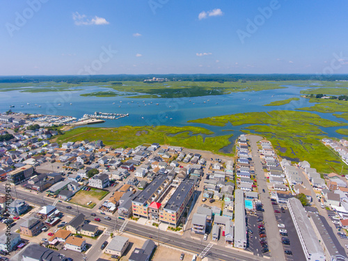 Hampton Beach village at Hampton Harbor aerial view including historic waterfront buildings from Hampton Beach State Park in Town of Hampton, New Hampshire NH, USA.
