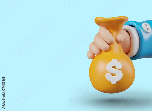 3D hand holding yellow money bag. Concept for financial receipts, profits, expenses