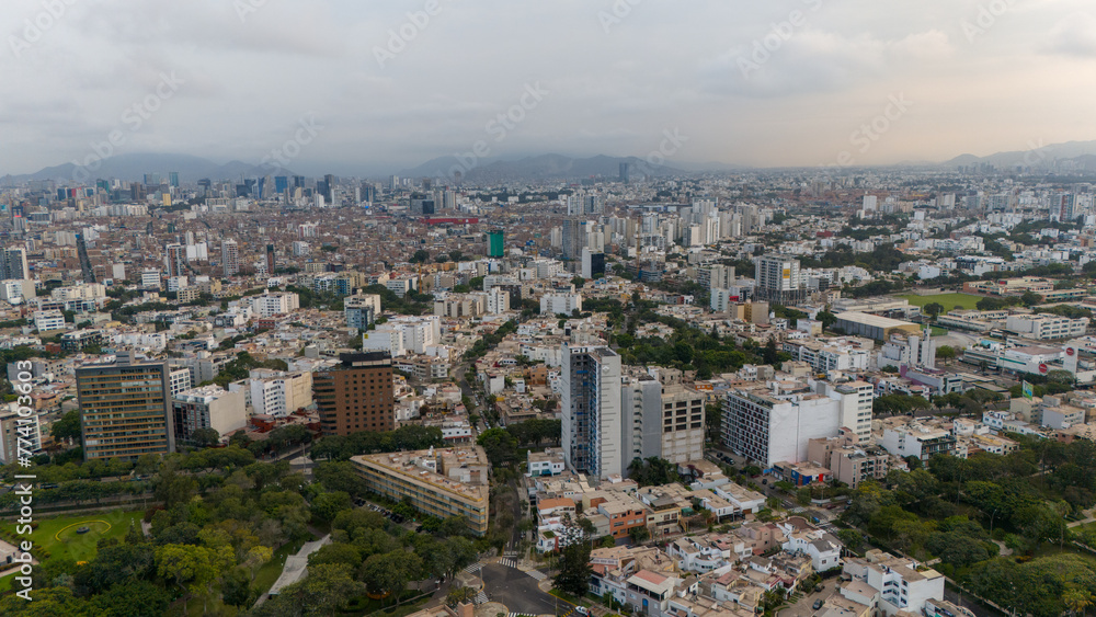 Obraz premium Aerial Drone view of Lima the capital city of Peru skyline, Mireflores Barranco morning traffic south america