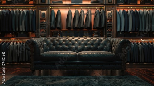 Luxury store of men clothing with black sofa, male wardrobe interior © DELstudio