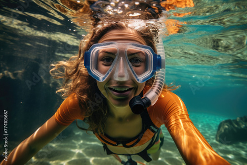 A woman is underwater wearing a snorkel and a blue mask. She is smiling and looking at the camera
