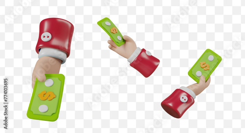 Set of isolated 3D hands with dollars, view from different sides