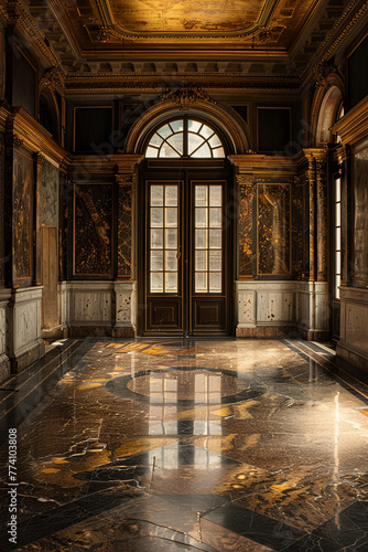 An empty room with an elegant grand design using marble and gold color