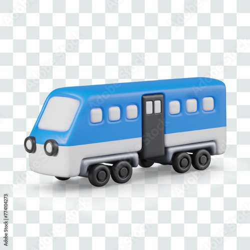 Blue passenger wagon, carriage in detailed 3D style. Element of railway business