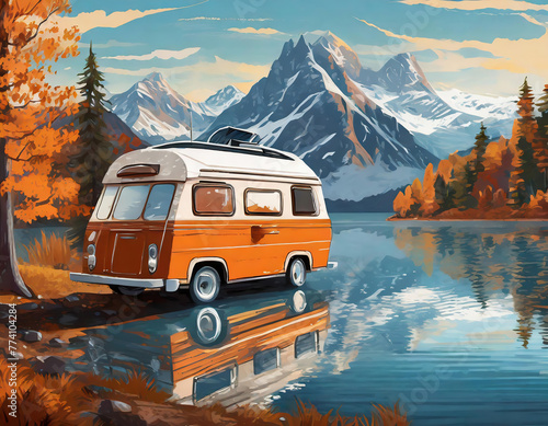 Vintage camper van at lake in mountains. Vector illustration. © Arda ALTAY