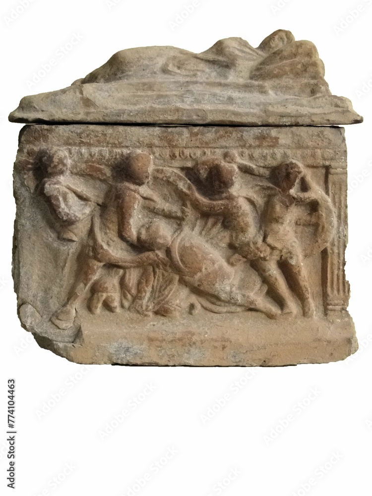 Details of an ancient Roman sarcophagus with sculpture and decoration ...