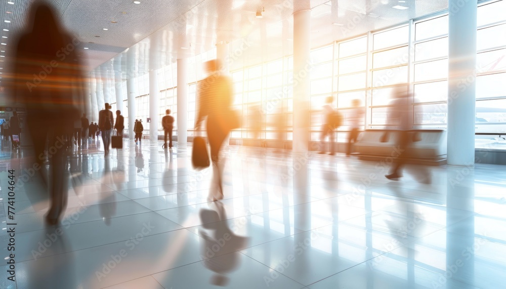 A busy airport with people walking around and carrying luggage by AI generated image A busy airport with people walking around and carrying luggage by AI generated image