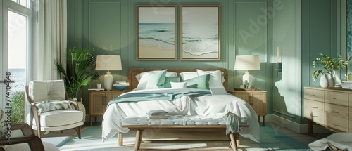 A coastal-themed guest room with seafoam green walls and nautical accents5, Generative AI,modern interior design, Modernity, New furniture, Fashion design --ar 7:3 --v 6.0 - Image #1 @kashif320 photo