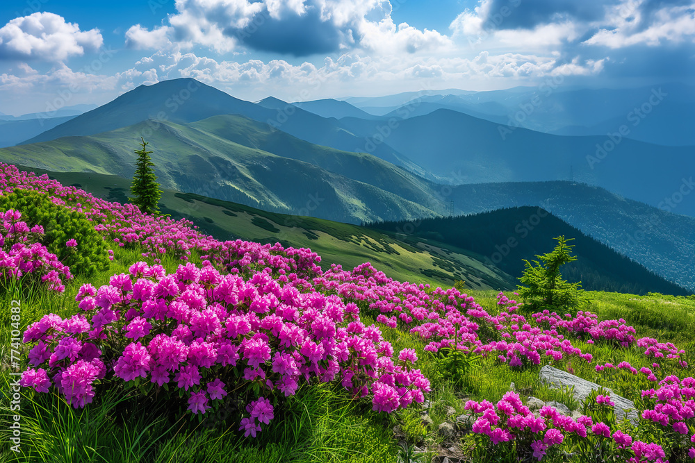 Spring landscape in mountains with Flower of a rhododendro with sky Spring landscape in mountains with Flower of a rhododendro with sky