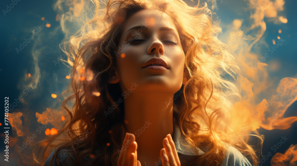 Generative ai illustration of a  woman praying against cloudy sky