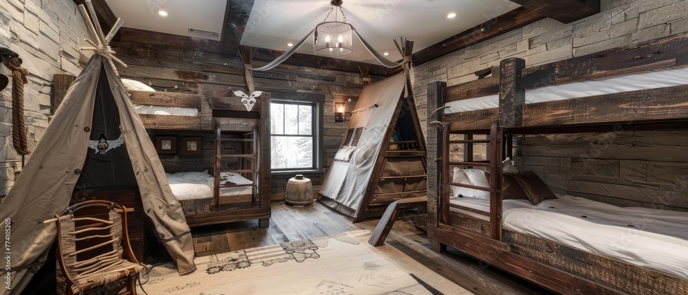 A rustic young boys bedroom with bunk beds and play tent --ar 7:3 --v 6.0 - Image #4 @kashif320