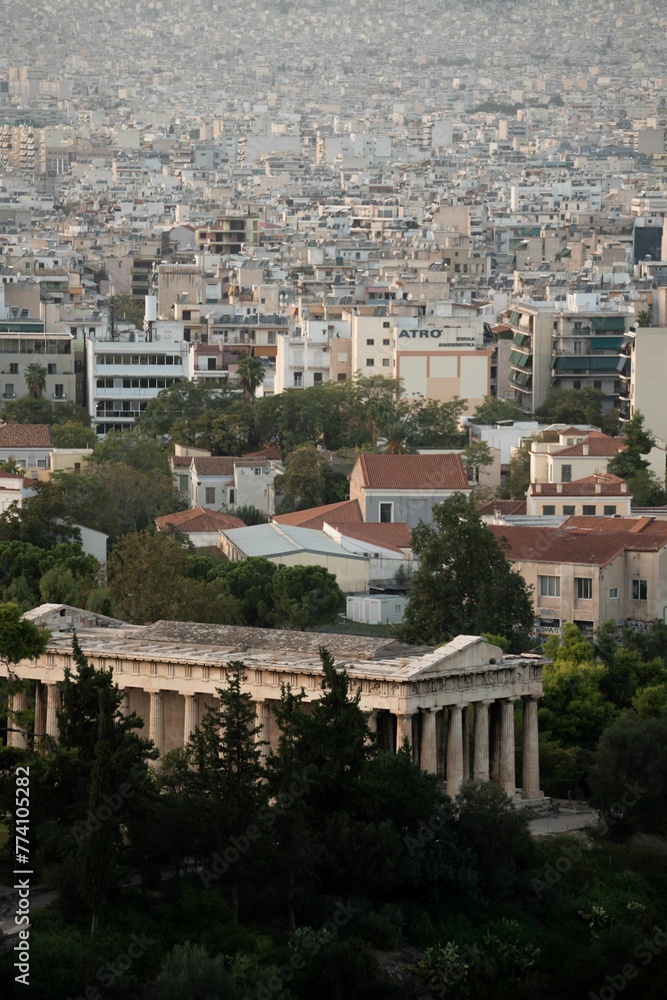 Beautiful view of Temple of Hephaestus and Athens cityscape