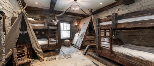 A rustic young boys bedroom with bunk beds and play tent --ar 7:3 --v 6.0 - Image #4 @kashif320