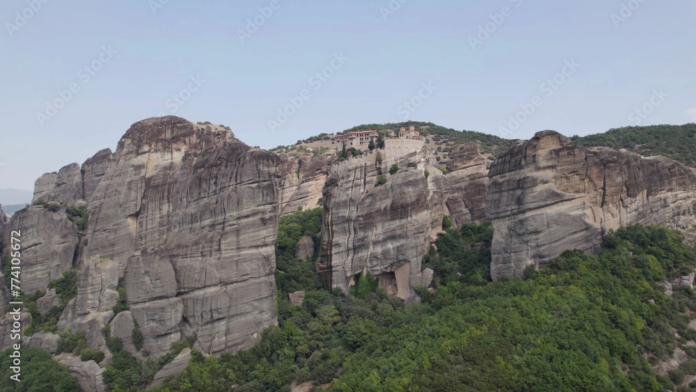 Aerial shot of the Monastery of Varlaam on the Meteora rock formation in Greece Aerial shot of the Monastery of Varlaam on the Meteora rock formation in Greece