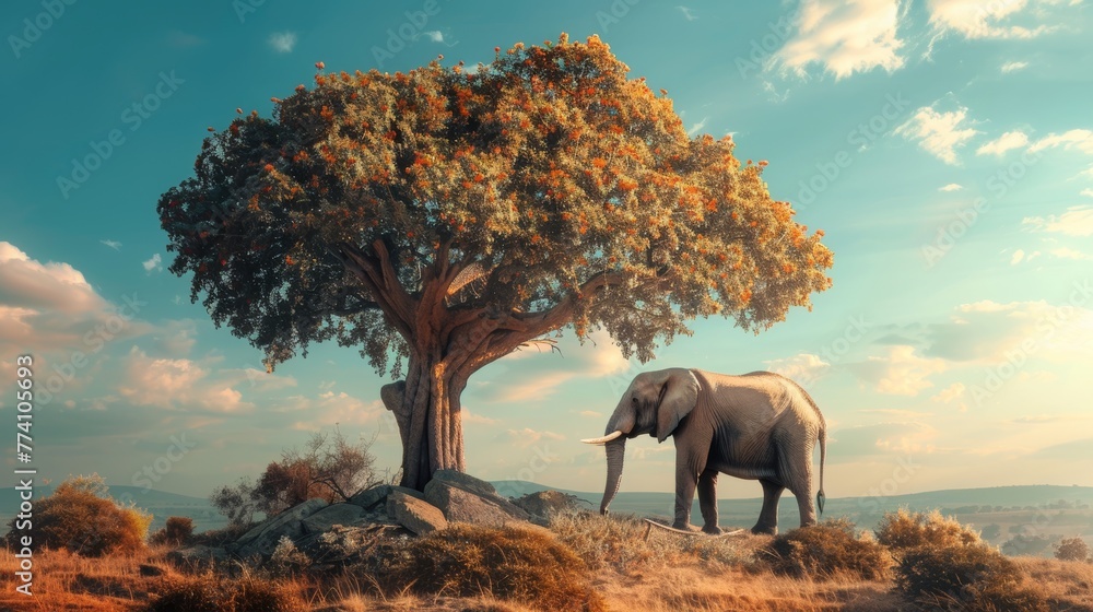 Lonely elephant stands at the tree, symbol for: Patience, positive forces, a firm foundation, a long life, wealth, copy and text space, 16:9 - obrazy, fototapety, plakaty 