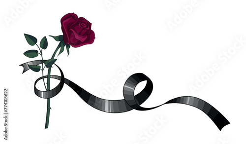 Funerals and commemorations of the deceased. A mourning ribbon wraps around a black rose. An illustration for a funeral home.