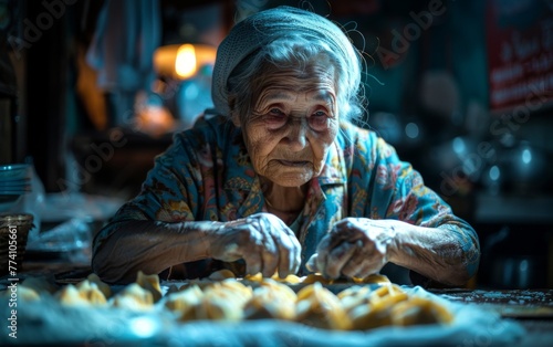 An old woman is making food in a kitchen. She is wearing a blue and white shirt and a white head scarf