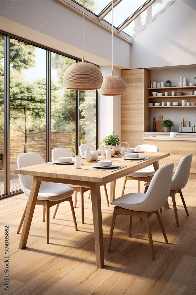 A dining room with Scandinavian design elements with light wood furniture and simple aesthetics.