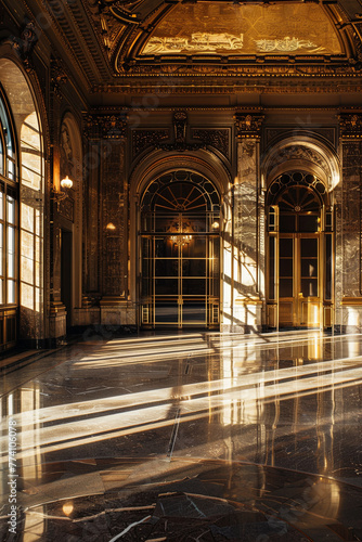 An empty room with an elegant grand design using marble and gold color