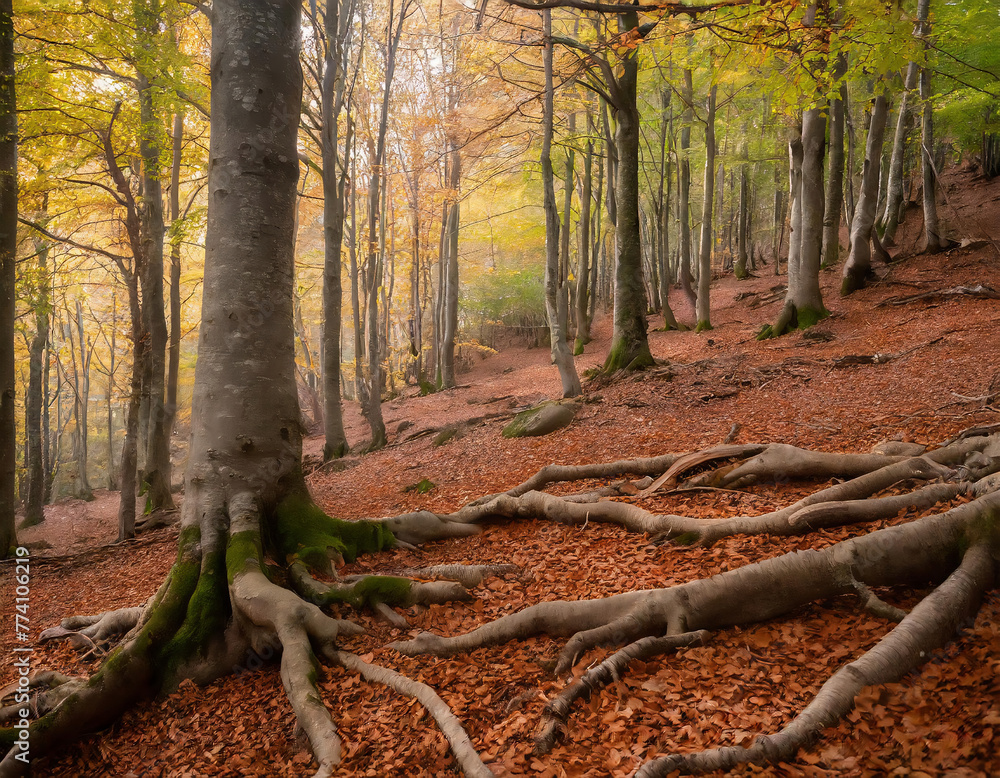 Autumn beech forest with a carpet of fallen leaves in the mountains Autumn beech forest with a carpet of fallen leaves in the mountains