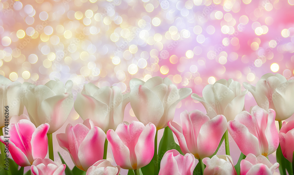 Obraz premium Fresh spring tulip flowers as a holiday postcard design blurred background. Space for text
