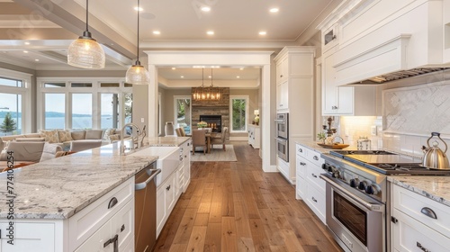 Beautiful luxury estate home kitchen with white cabinets and modern appliances