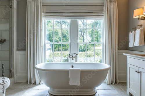 White bath tub placed next to window in room